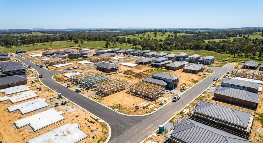 Aerial view of a new suburban subdivision under construction, with slabs and framed homes at various stages and rolling hills behind