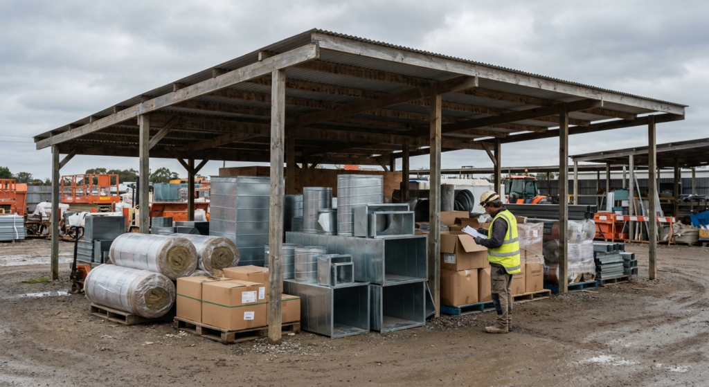 Builder checking a delivery against a clipboard beside stacked ductwork, insulation rolls and boxed fixtures under a site shelter
