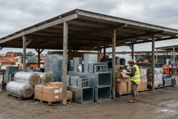 Builder checking a delivery against a clipboard beside stacked ductwork, insulation rolls and boxed fixtures under a site shelter