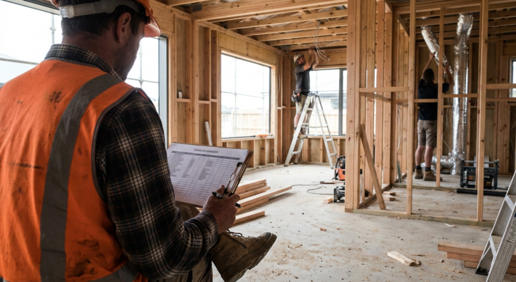 Builder in hi-vis reviewing a schedule sheet while an electrician and HVAC installer work on the timber frame behind