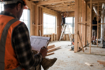Builder in hi-vis reviewing a schedule sheet while an electrician and HVAC installer work on the timber frame behind