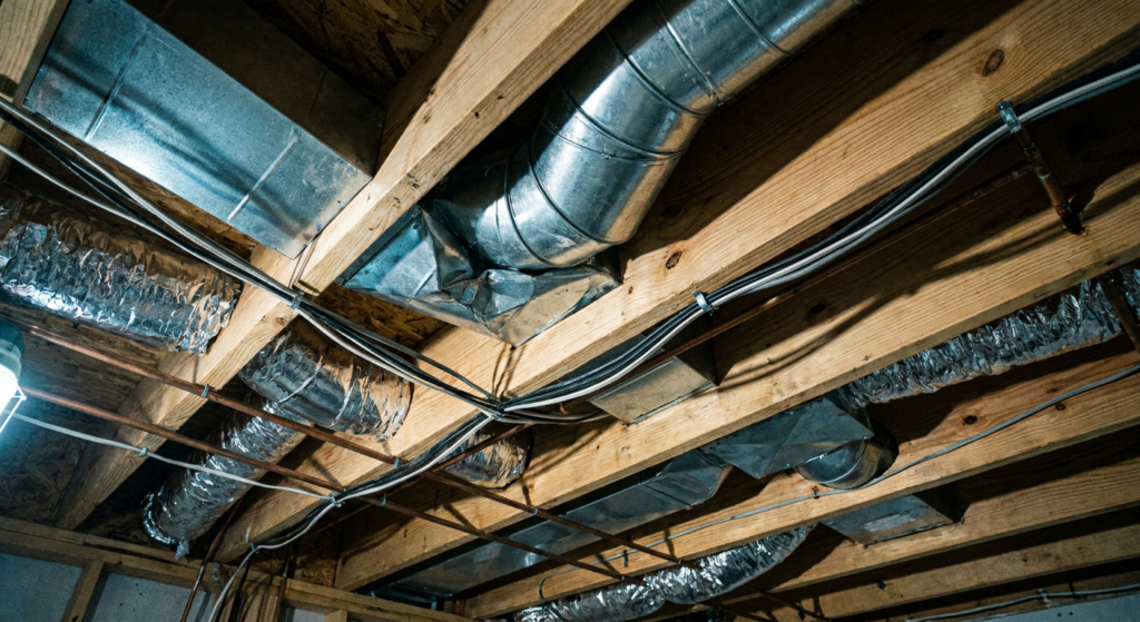 Exposed ceiling void with ductwork routed awkwardly around timber framing and electrical cabling