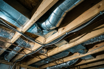 Exposed ceiling void with ductwork routed awkwardly around timber framing and electrical cabling