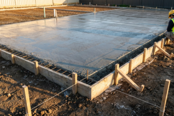 Hi-vis supervisor inspecting corner of newly poured concrete slab, formwork and string lines, morning light