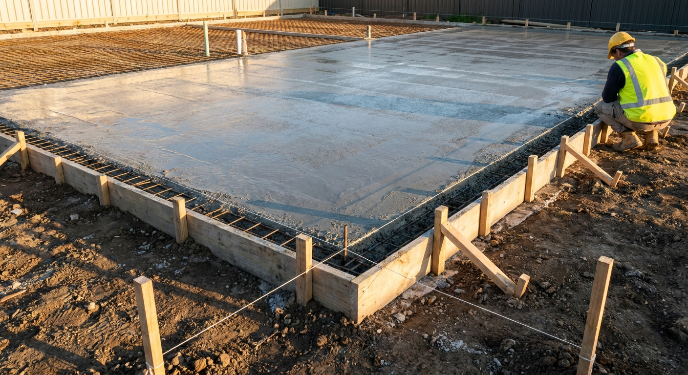 Hi-vis supervisor inspecting corner of newly poured concrete slab, formwork and string lines, morning light