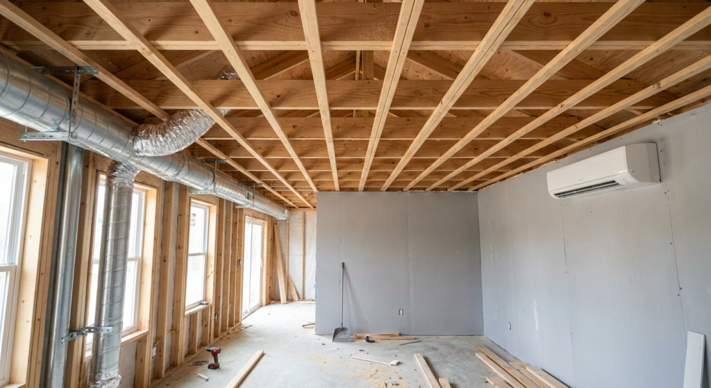 Home under construction timber ceiling frame, ductwork left, split system right