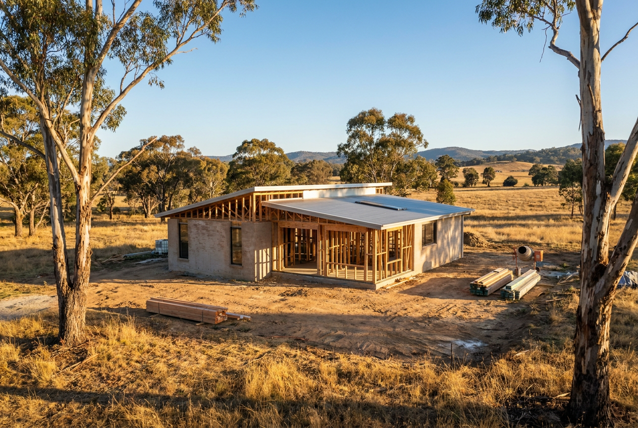 Partially built modern home on a semi-rural acreage, surrounded by eucalyptus trees and dry grassland in warm afternoon light