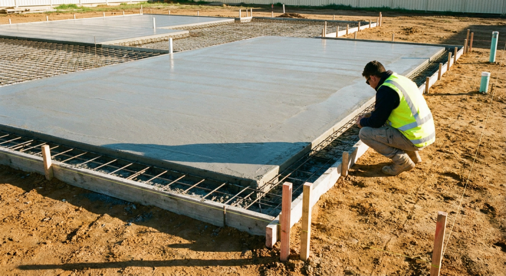 Site supervisor in hi-vis inspecting the corner of a newly poured concrete slab with exposed steel mesh and survey pegs