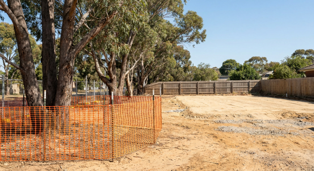Suburban building block with native gum trees fenced by orange safety mesh and a cleared building pad beyond