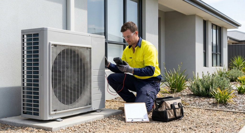 Tradesperson in hi-vis testing an outdoor AC condenser with a handheld meter, clipboard nearby