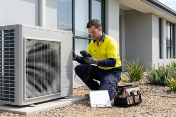 Tradesperson in hi-vis testing an outdoor AC condenser with a handheld meter, clipboard nearby