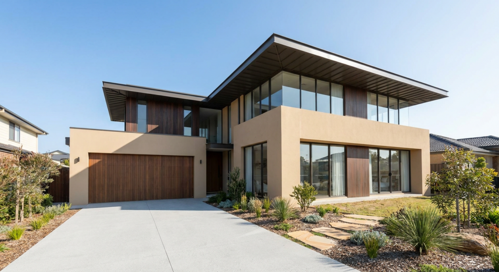 Two-storey modern Australian home exterior with timber accents and large windows under a blue sky.