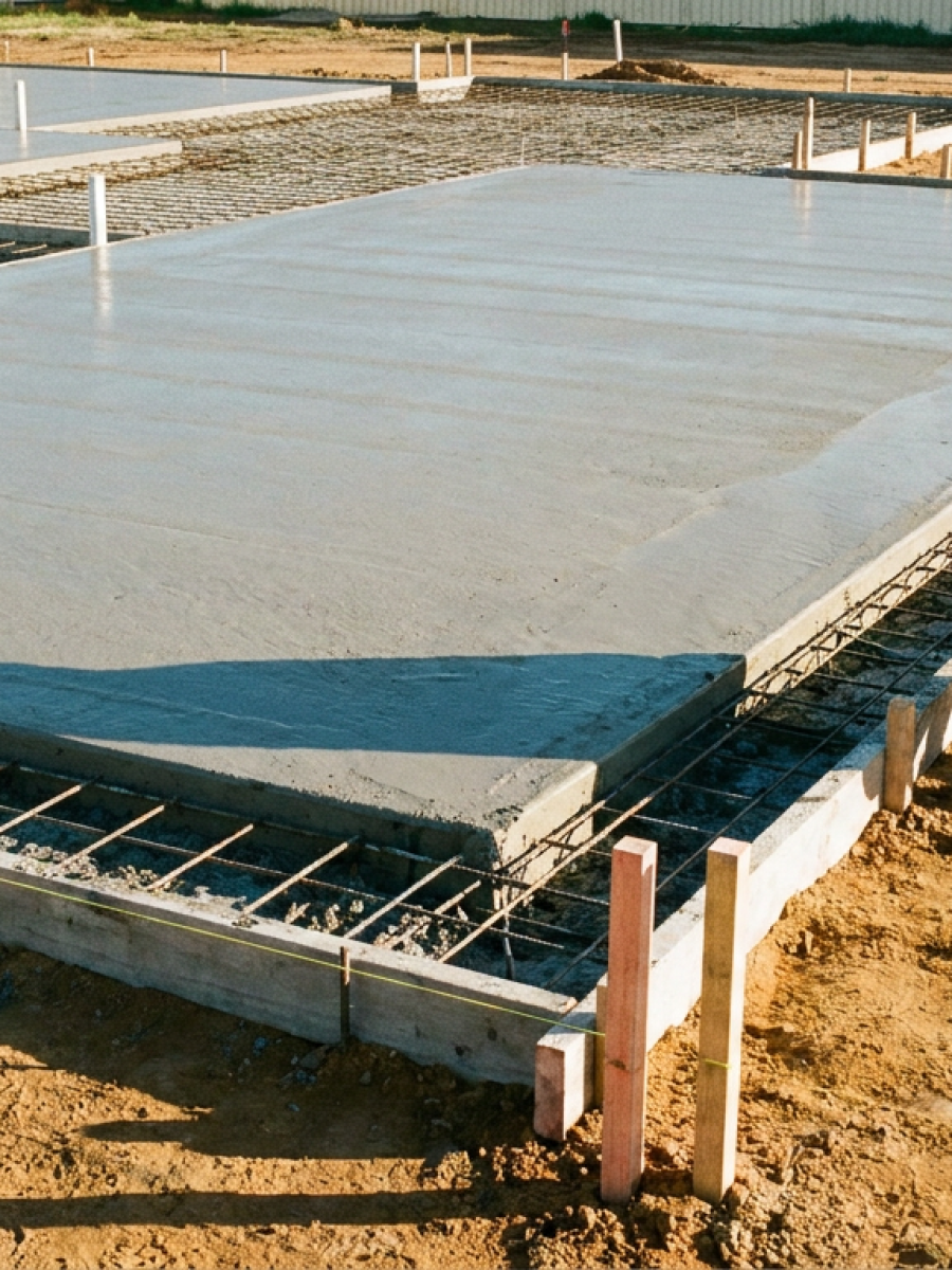 Site supervisor in hi-vis inspecting the corner of a newly poured concrete slab with exposed steel mesh and survey pegs