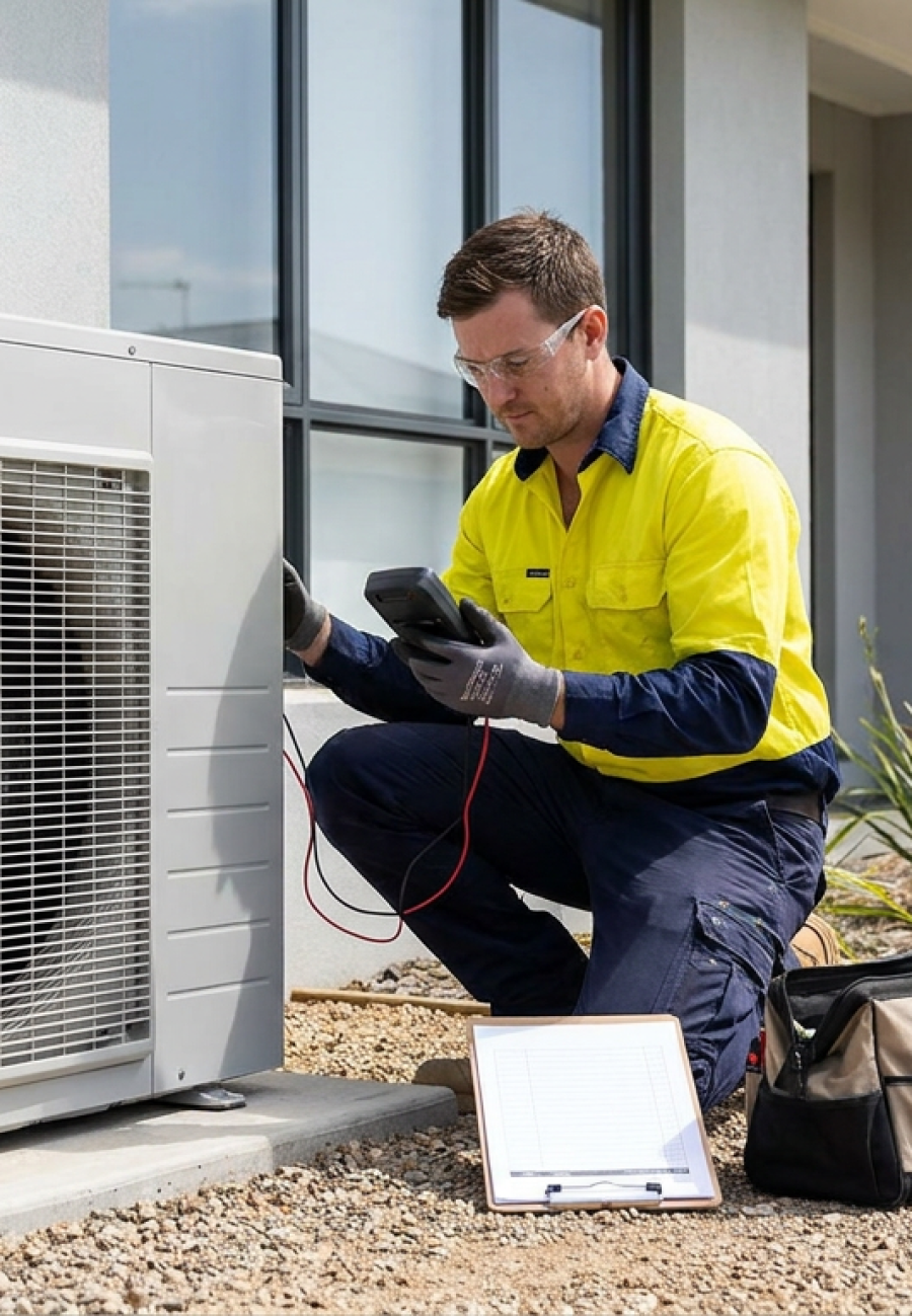 Tradesperson in hi-vis testing an outdoor AC condenser with a handheld meter, clipboard nearby